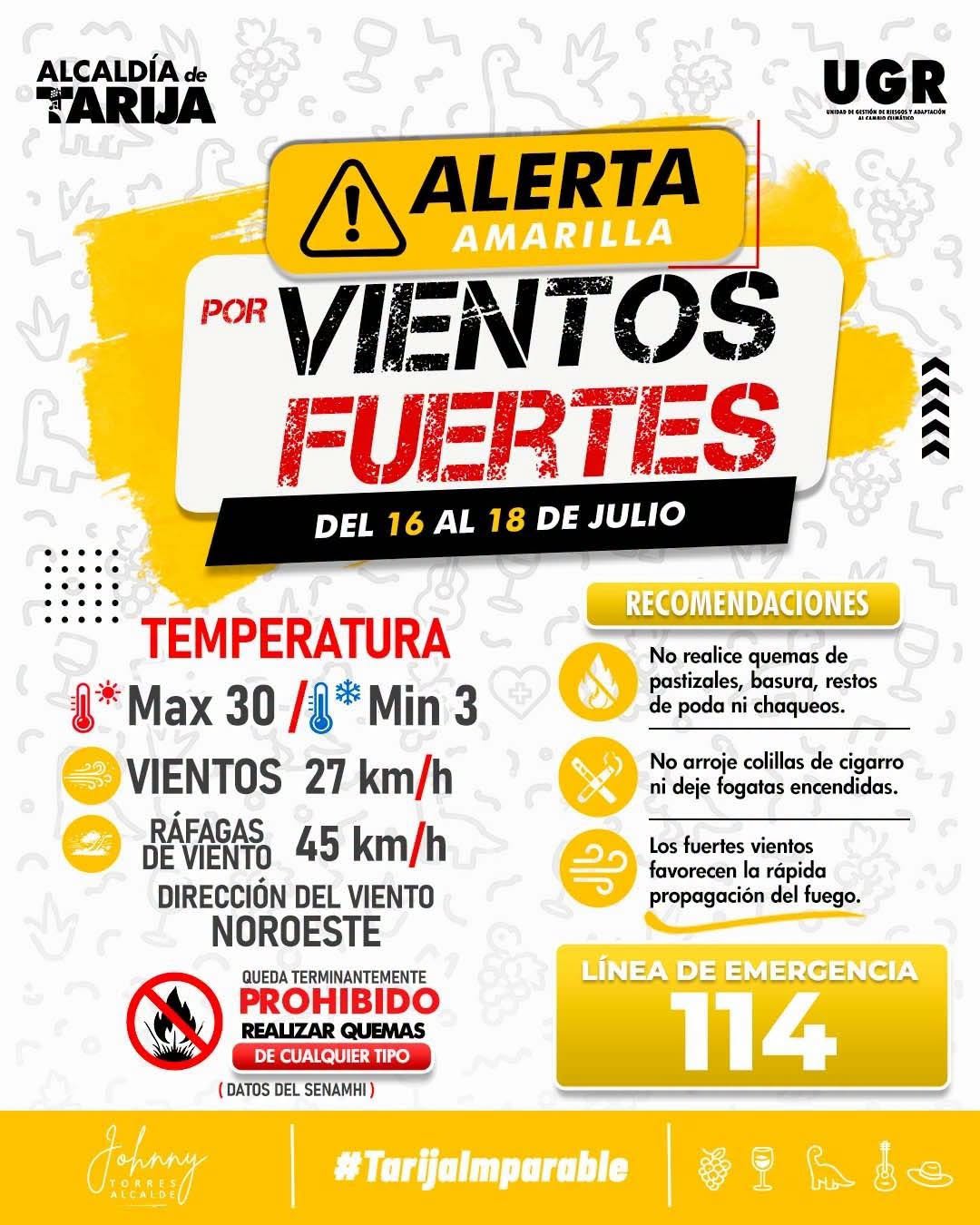 ALERTA AMARILLA POR VIENTOS FUERTES EN TARIJA